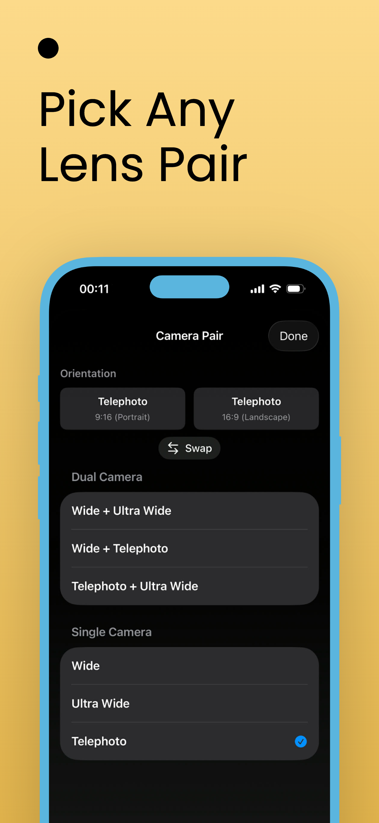 Pick any lens pair — dual and single camera options